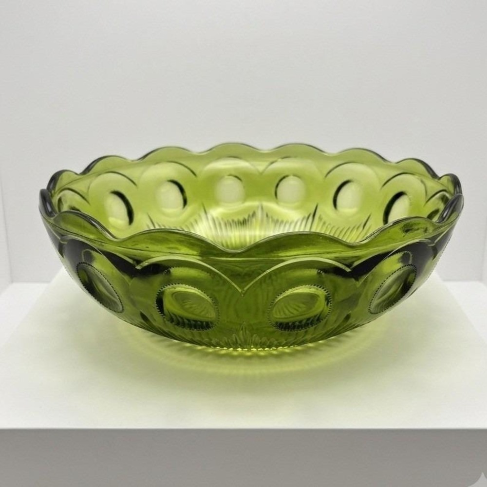 Vintage Bartlett Collins St Genevieve Green Glass Bowl Manhattan Pattern MCM